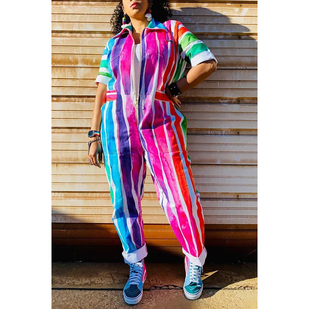 Plus Size Multicolor Casual Rainbow Lapel Collar Half Sleeve Zipper Jumpsuits