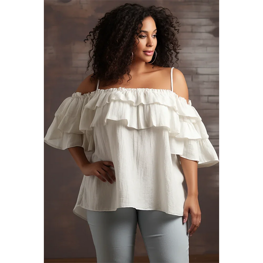 Plus Size Daily White Open Shoulder Short Sleeve Ruffle Linen Blouses