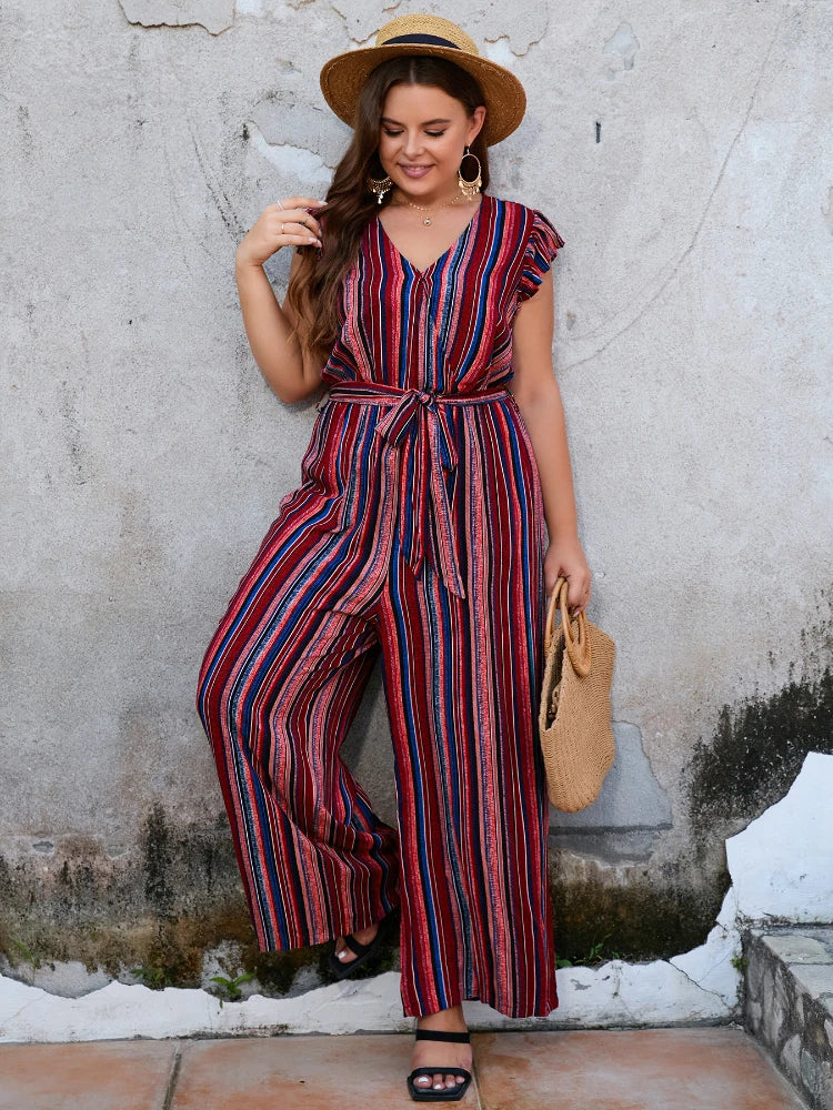 Printed Plus Size Jumpsuits for Women V Neck Sleeveless High Waist Wide Leg Pants Summer Casual Vacation One Piece Outfits 4XL