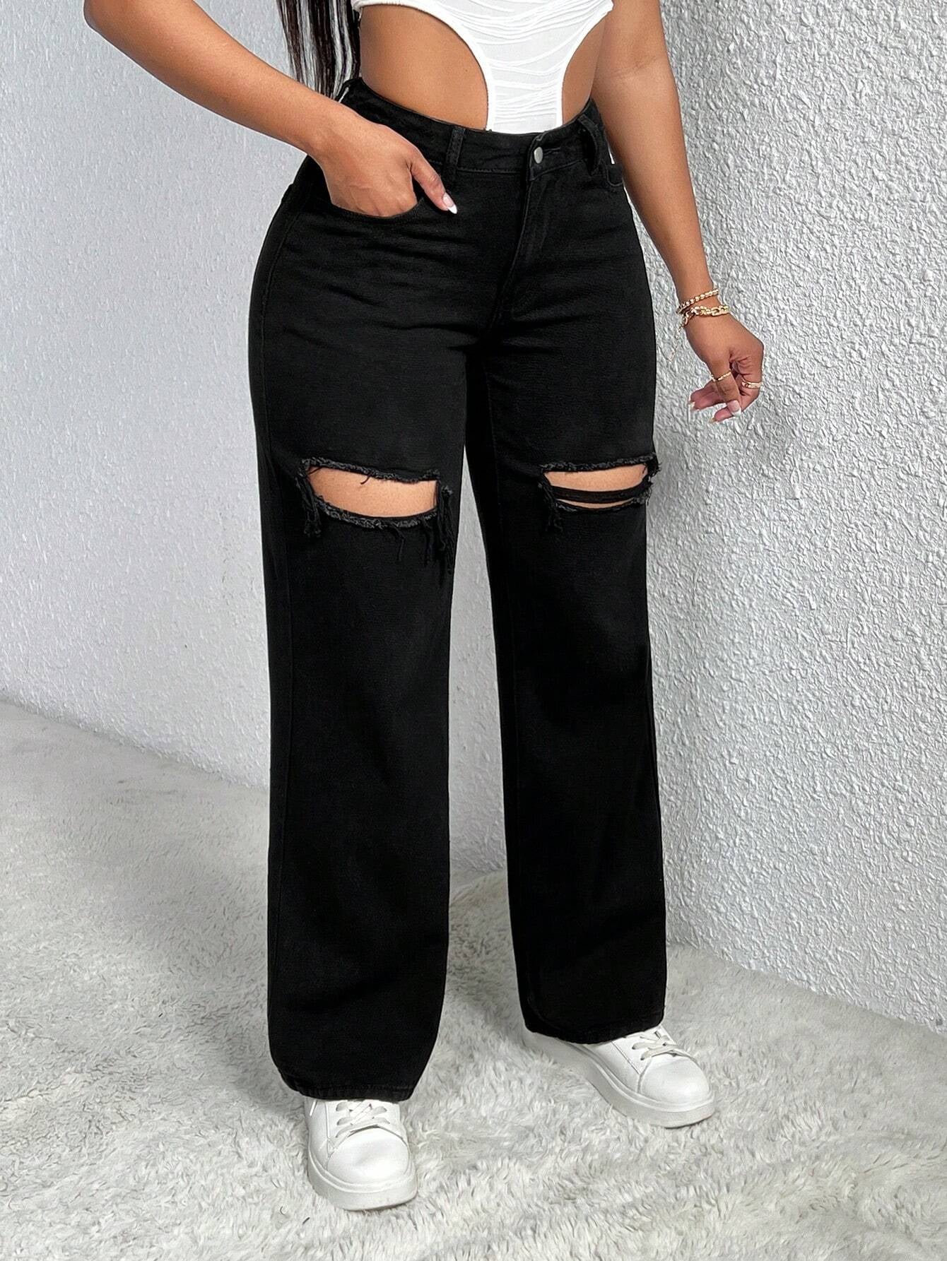 SHEIN SXY Single Button Cut Out Ripped Frayed Wide Leg Jeans