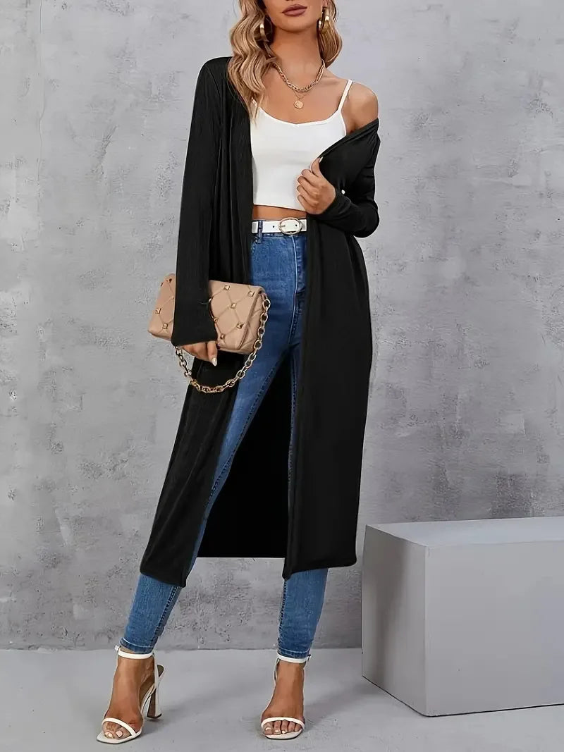 GIBSIE Plus Size Black Open Front Long Cardigan Women Autumn New Fashion Solid Color Long Sleeve Women's Casual Outerwear