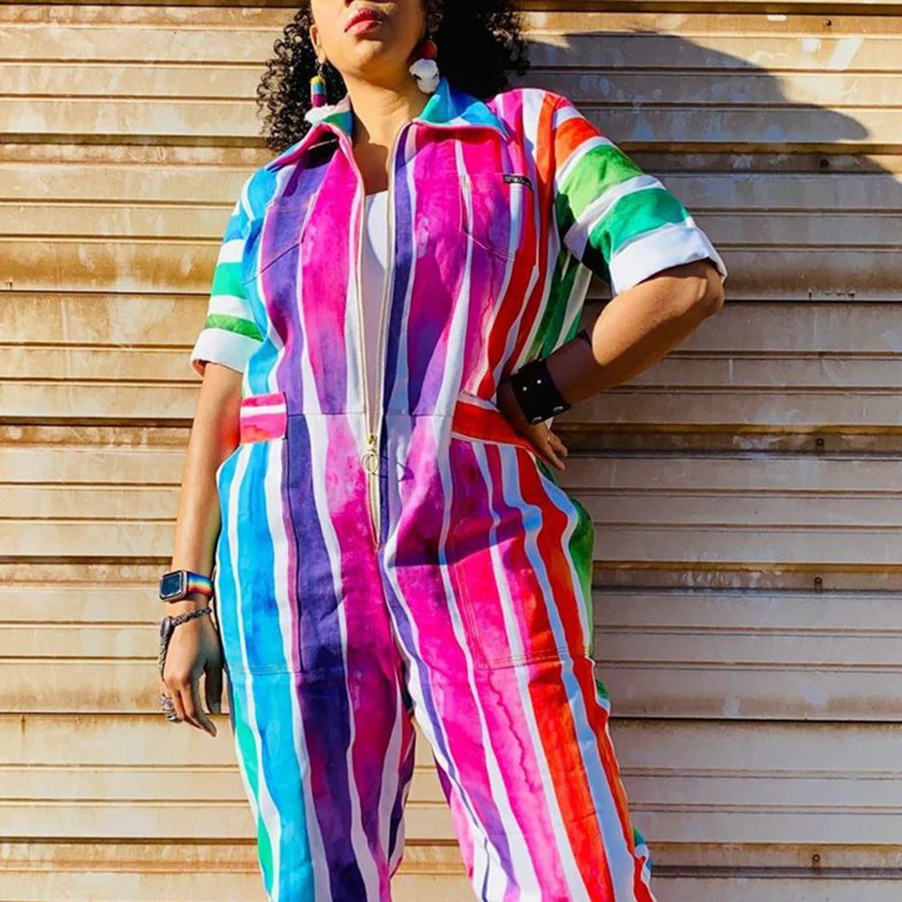 Plus Size Multicolor Casual Rainbow Lapel Collar Half Sleeve Zipper Jumpsuits