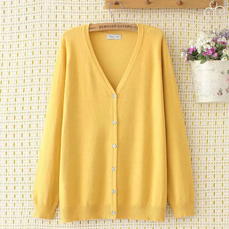 Plus Size Jumper Autumn Long Sleeve V-Neck Sweater WOMEN Mercerized Cotton Knitted Cardigan Spring Brief Solid Color Knitwear