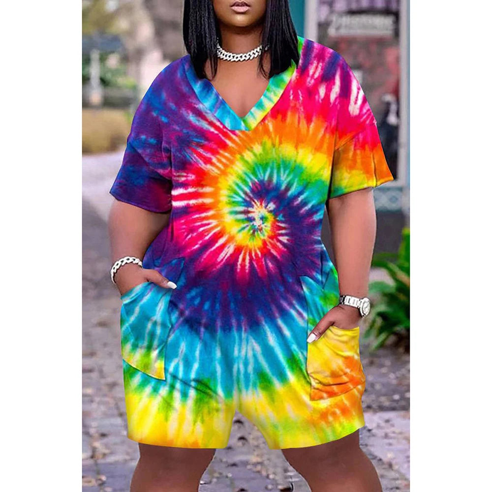 Plus Size Multicolor Daily Casual Tie-Dye Print V-Neck Short Sleeve With Two Pockets Rainbow Rompers