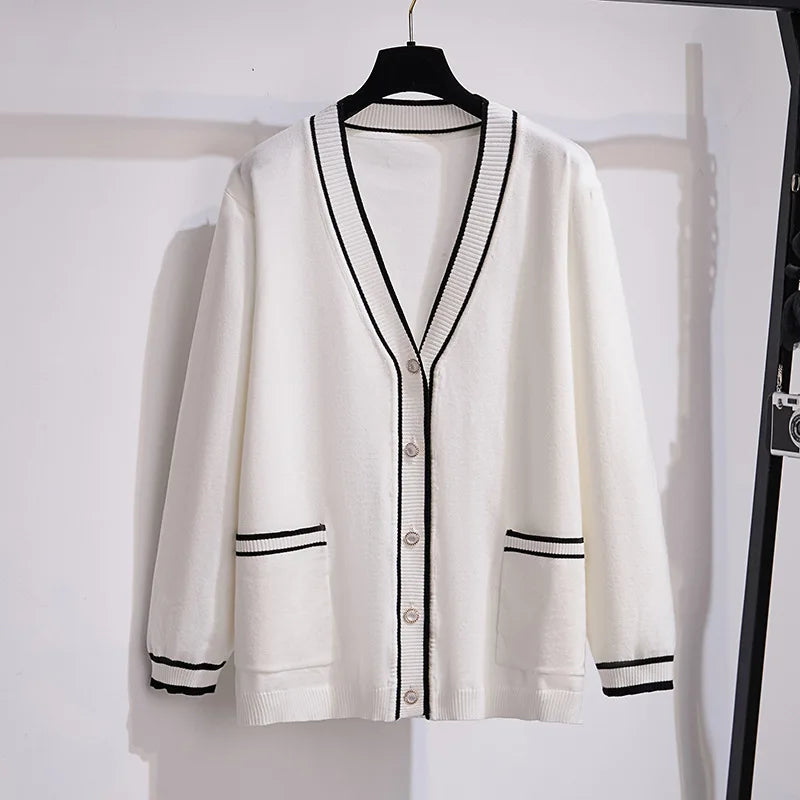 170Kg Plus Size Women's Bust 160 Autumn Loose V-Neck Cardigan Sweater Knitted Small Fragrant Style Jacket 5XL 6XL 7XL 8XL 9XL