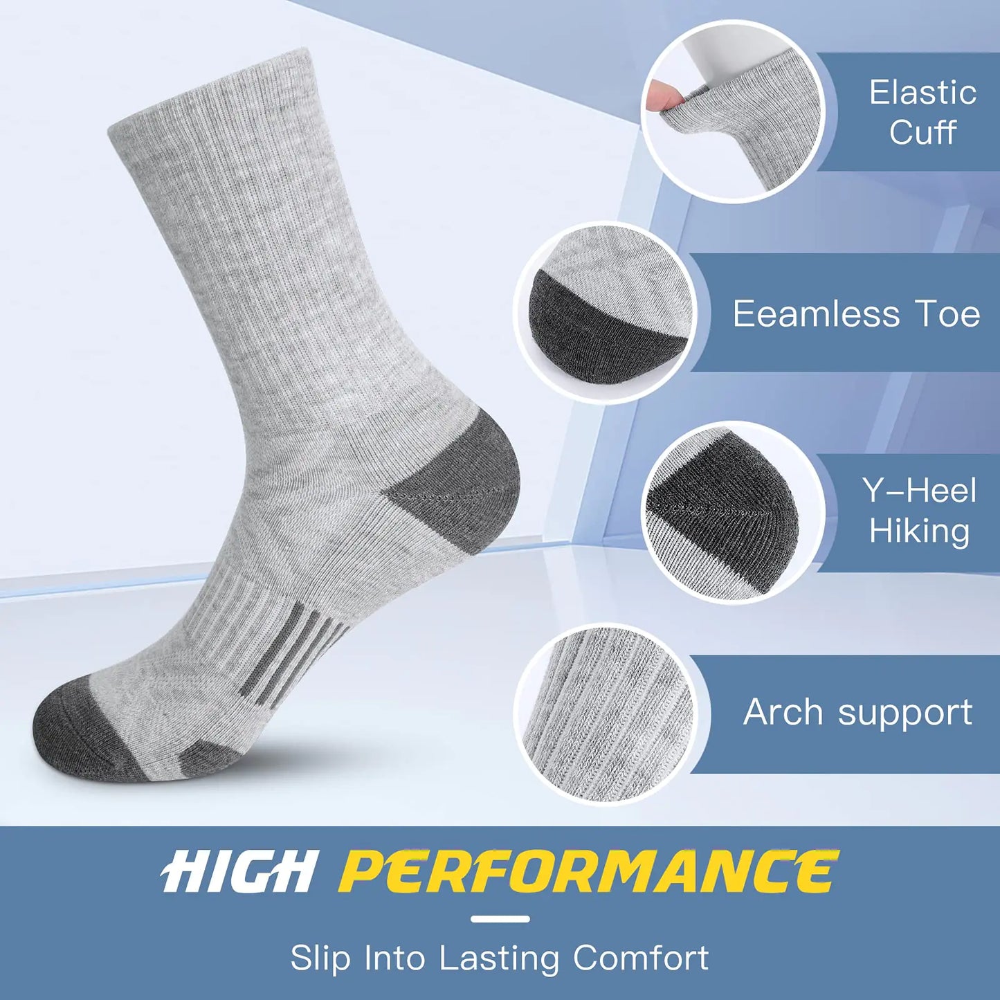 Felicigeely Athletic Socks Cushion Running Socks Performance Breathable Crew Socks Outdoor Sports Socks for Men Women 6Pairs 9-12 Grey