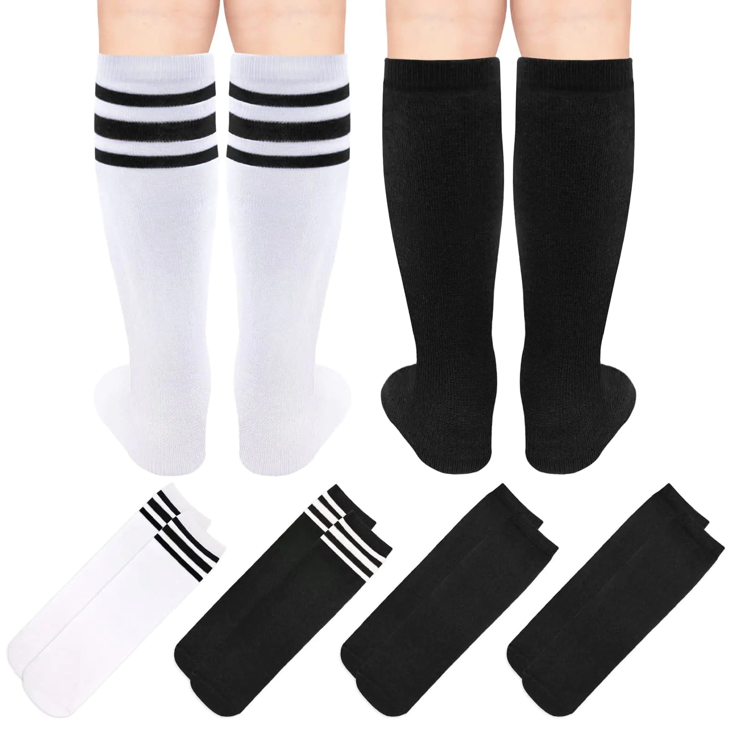 4 Pairs Kids Soccer Socks Toddler Soccer Socks Girls Boys Soccer Socks Toddler Knee High Socks Toddler Kids Tube Socks 3-6 Years Black, Black, Black/White, White/Black