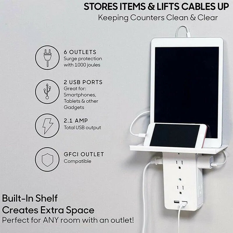 8-Port US Electrical Socket Shelf - Wall Outlet Surge Protector with Multifunctional Shelf