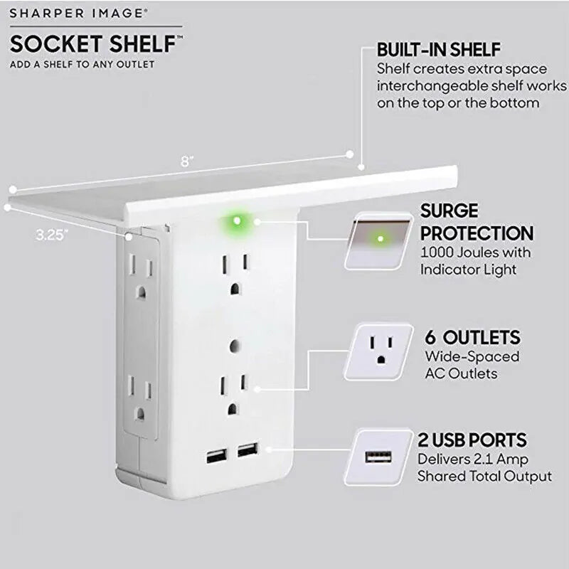 8-Port US Electrical Socket Shelf - Wall Outlet Surge Protector with Multifunctional Shelf