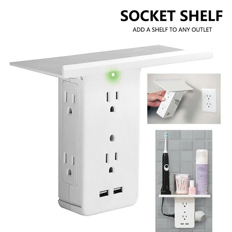 8-Port US Electrical Socket Shelf - Wall Outlet Surge Protector with Multifunctional Shelf