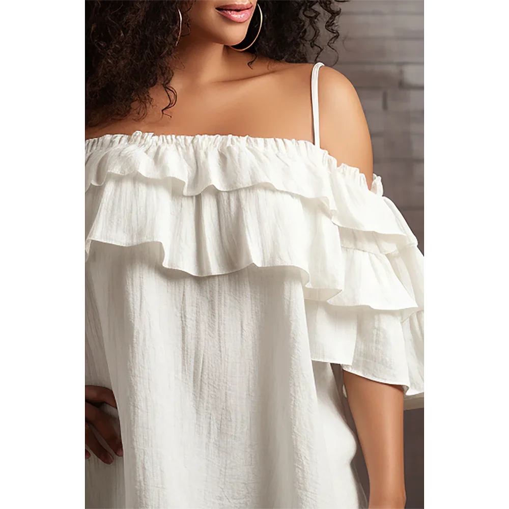 Plus Size Daily White Open Shoulder Short Sleeve Ruffle Linen Blouses