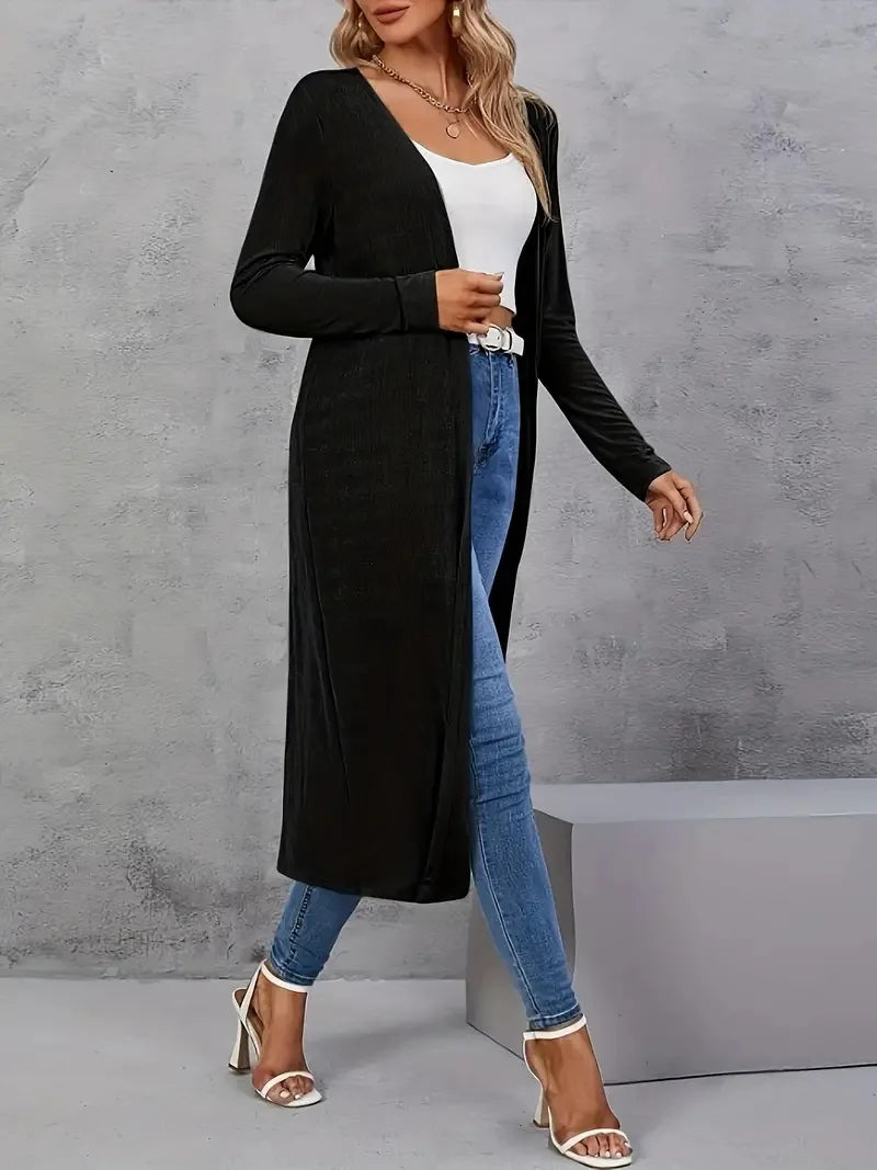 GIBSIE Plus Size Black Open Front Long Cardigan Women Autumn New Fashion Solid Color Long Sleeve Women's Casual Outerwear