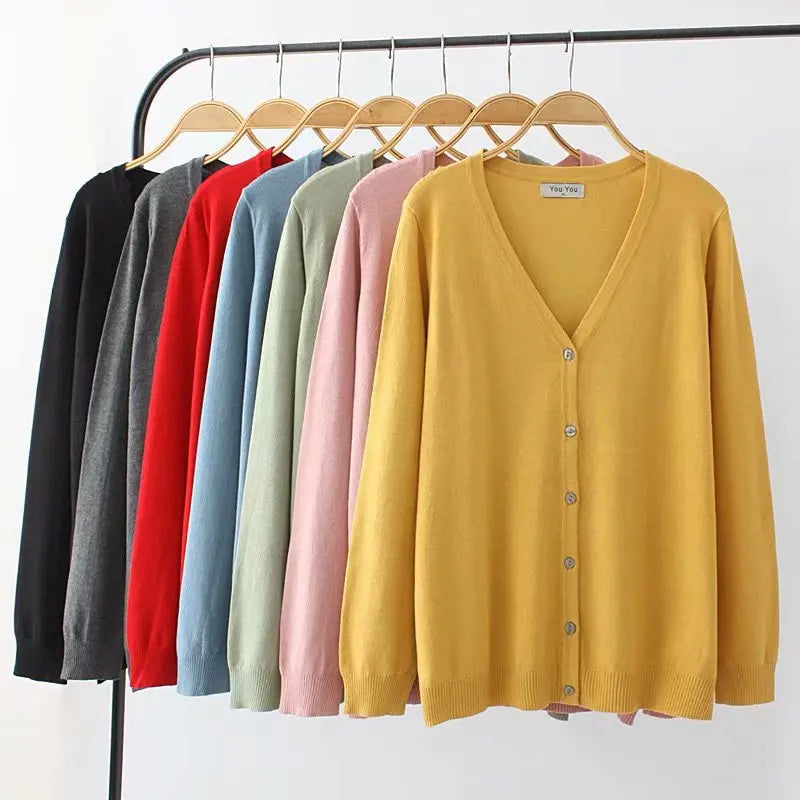 Plus Size Jumper Autumn Long Sleeve V-Neck Sweater WOMEN Mercerized Cotton Knitted Cardigan Spring Brief Solid Color Knitwear