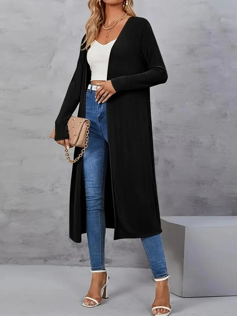 GIBSIE Plus Size Black Open Front Long Cardigan Women Autumn New Fashion Solid Color Long Sleeve Women's Casual Outerwear