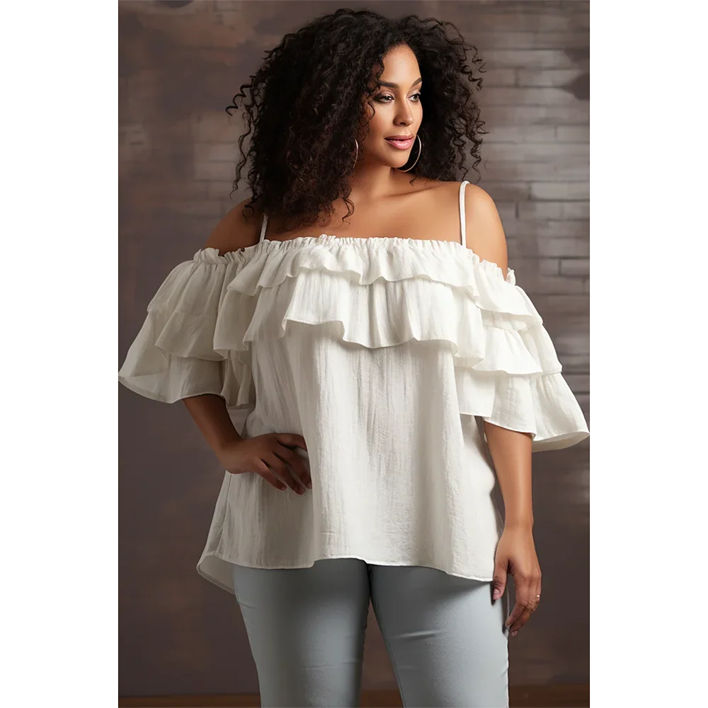 Plus Size Daily White Open Shoulder Short Sleeve Ruffle Linen Blouses