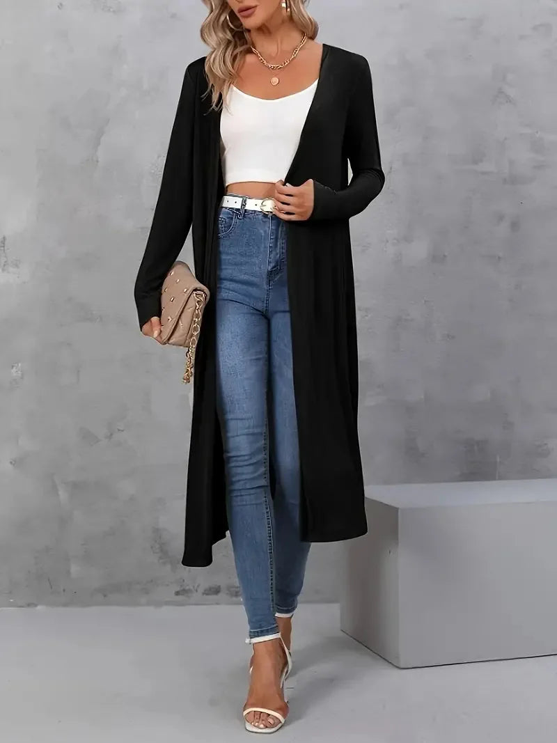 GIBSIE Plus Size Black Open Front Long Cardigan Women Autumn New Fashion Solid Color Long Sleeve Women's Casual Outerwear