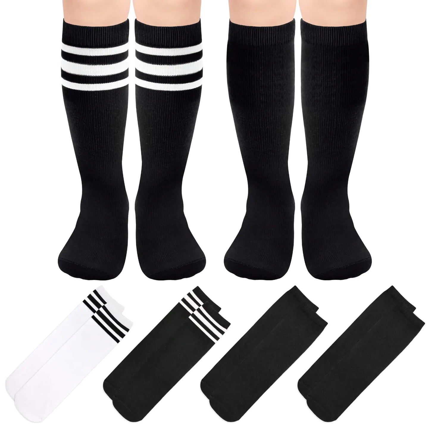 4 Pairs Kids Soccer Socks Toddler Soccer Socks Girls Boys Soccer Socks Toddler Knee High Socks Toddler Kids Tube Socks 3-6 Years Black, Black, Black/White, White/Black